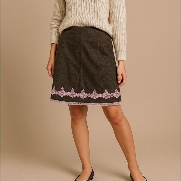 Vtg Express Wool Blend Skirt Brown 0 Pink Lace Trim Beaded Hem Lined Fairycore - Picture 1 of 8
